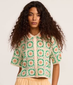 Camisa Box em Tricô com Estampa Geométrica Bege