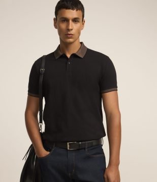 Camisa Polo Slim em Algodão com Botões e Detalhes Contrastantes Preto