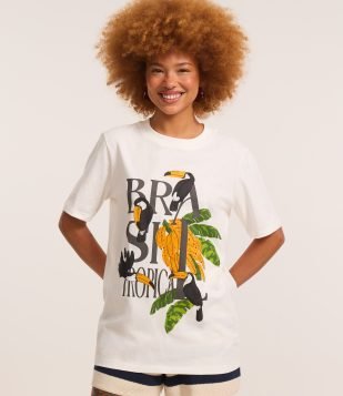 Camiseta Alongada em Algodão com Estampa Brasil Tropical Branco