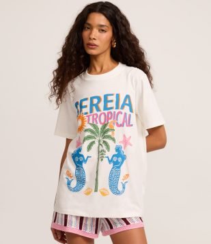 Camiseta Alongada em Algodão com Estampa Tropical Branco