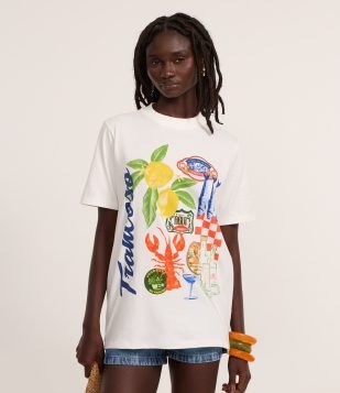 Camiseta em Algodão com Estampa Trancoso Branco