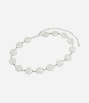 Cinto Estreito em Corrente de Metal com Moedas Texturizadas Prata