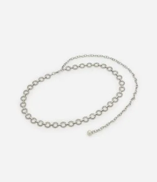 Cinto Estreito em Metal Liso e Correntinha e Bolinha Prata