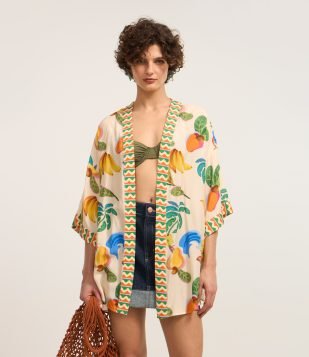 Kimono Alongado em Viscose com Estampa Frutas Multicores
