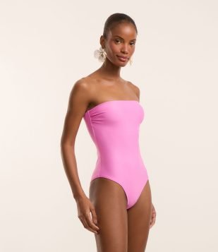 Maiô Sem Alça em Microfibra com Busto Drapeado Rosa Claro