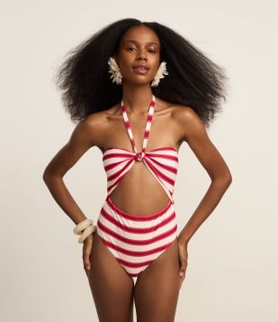 Maiô em Microfibra Listrada com Recortes Vazados Vermelho