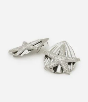 Maxi Brinco em Metal em Formato de Concha com Estrela do Mar Prateado Prata