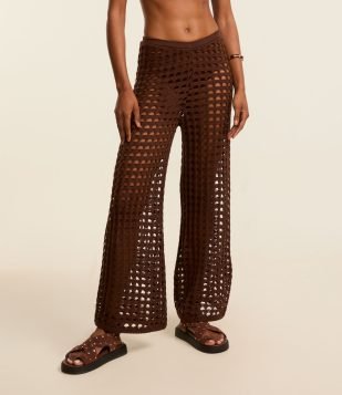 Saída de Praia Calça Efeito Crochê Vazado Marrom