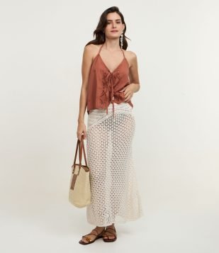 Saída de Praia Colete Frente Única em Laise com Laços Frontais Marrom