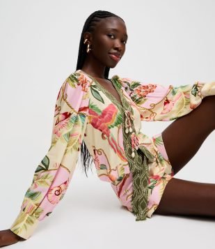 Short Cintura Alta com Estampa Tropical e Faixa para Amarração Rosa