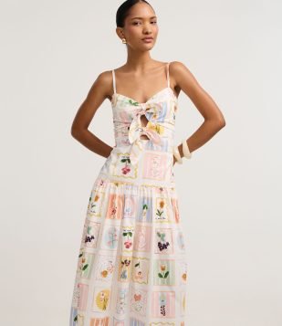 Vestido Evasê Midi em Tricoline com Estampa Floral Branco