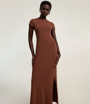 Vestido Longo em Algodão com Manga Curta Marrom