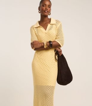 Vestido Midi com Efeito Crochê e Gola Polo Amarelo