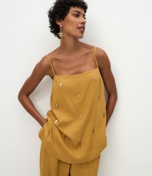 Blusa Alongada em Viscolinho com Pingentes de Peixes Amarelo