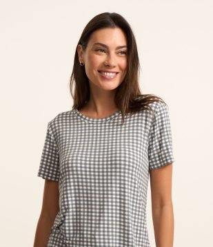Blusa de Pijama em Viscose com Estampa Xadrez Cinza