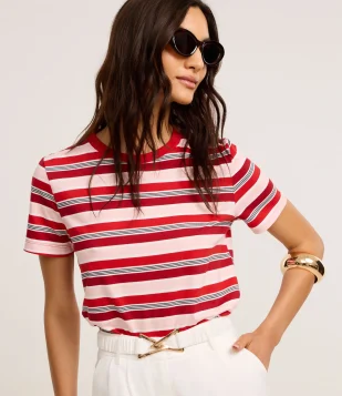 Blusa em Algodão com Listras Variadas e Gola Redonda Vermelho, Bordô e Rosa