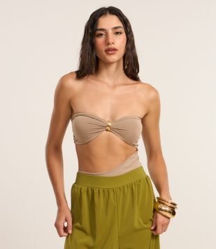 Body em Microfibra com Decote Coração e Aviamento Bege