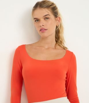 Body em Microfibra com Manga Longa e Decote Redondo Tangerine Tango