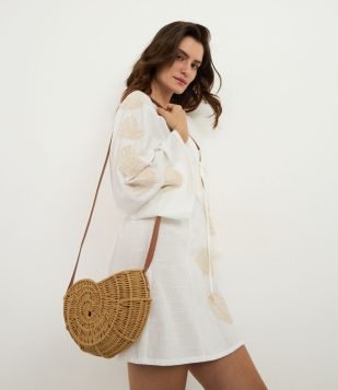 Bolsa em Palha de Praia em Forma de Concha Caracol com Alça de PU Bege