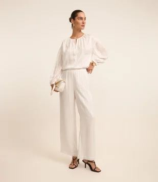 Calça Wide Leg Cintura Alta em Chiffon com Fio Metalizado Off White