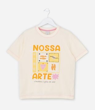 Camiseta Infantil Alongada com Estampa Ícones – Tam 5 A 14 Anos Off White