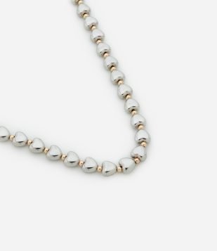 Colar Curto com Corações e Esferas Bicolor Prata e Dourado