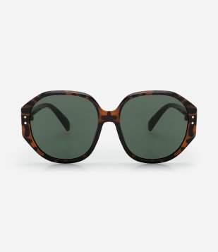 Óculos de Sol Redondo e Hastes com Estampa Tartaruga Marrom