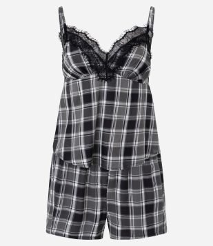 Pijama Curto em Viscose com Estampa Xadrez Fio Tinto e Renda Preto