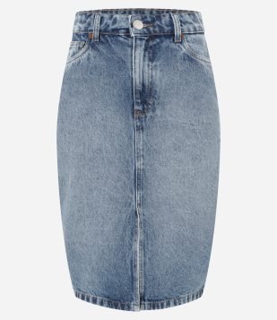 Saia Jeans Reta com Cintura Alta e Bolsos Azul