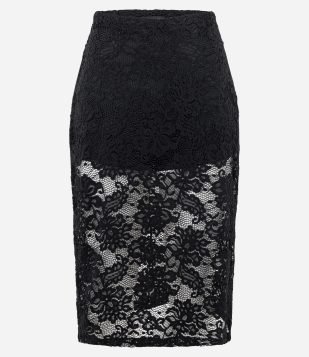 Saia Lápis Midi em Renda Floral com Forro Preto