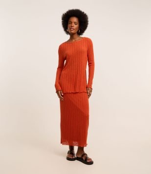 Saia Longa com Linho e Textura Canelada com Vazados Laranja