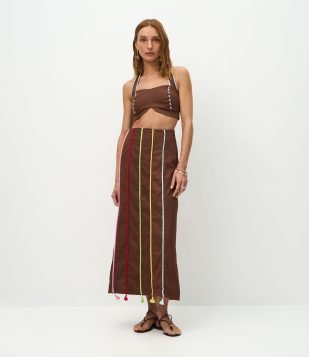 Saia Longa em Viscolinho com Aviamento de Cordas Marrom