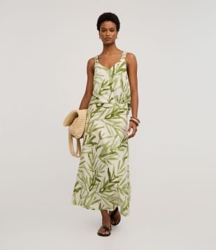 Saia Midi em Viscolinho com Estampa Folhagem e Cós Elástico Verde