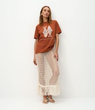 Saída de Praia Saia Longa com Ponto Rede Off White