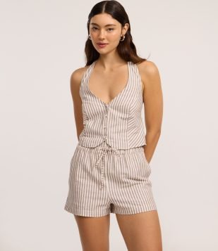 Short Runner Cintura Alta em Cotton com Listras Verticais Marrom e Branco