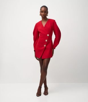 Vestido Curto Transpassado com Botões Aplicados Vermelho