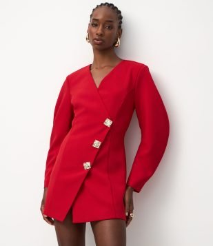 Vestido Curto Transpassado com Botões Aplicados Vermelho