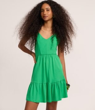 Vestido Curto em Algodão com Recorte e Alcinhas Finas Verde Claro