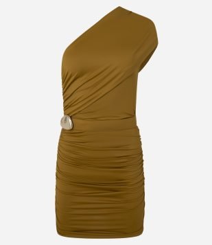 Vestido Curto em Microfibra com Decote Ombro Só e Cinto Marrom