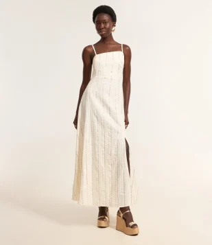 Vestido Long Midi Evasê em Paetê com Decote Enviezado Branco