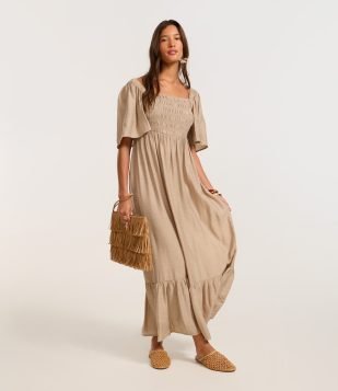 Vestido Long Midi com Lastex no Busto Bege