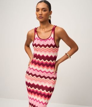 Vestido Long Midi em Tricô com Listras Zigue e Zague de Jacquard Multicores