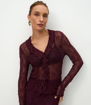 Blusa Bata Rendada com Babados e Barra Franzida Vermelho