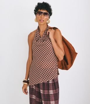 Blusa Frente Única em Chiffon com Estampa Xadrez Vinho