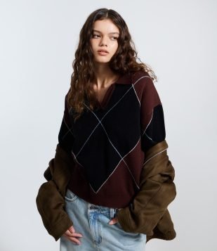 Blusão Xadrez em Tricô com Gola Polo Bordo