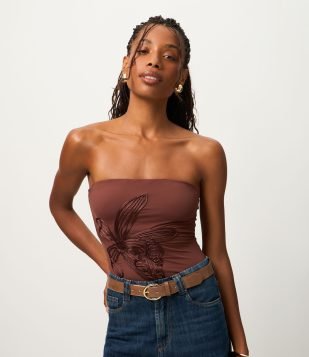 Body Tomara que Caia em Microfibra com Bordado Floral Marrom