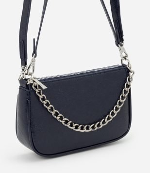 Bolsa Baguete Pequena com Alça de Corrente Azul Escuro