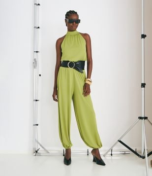 Calça Aladim em Ribana com Cós Largo Verde