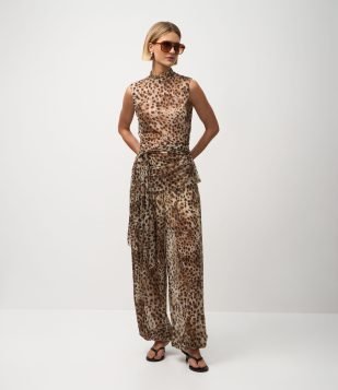 Calça Aladim em Tule com Cós Largo e Estampa Animal Print Marrom