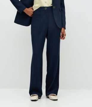 Calça Reta Alfaiatada Cintura Alta com Botão Diferenciado Azul Marinho